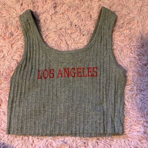 SHEIN Gray Ribbed Crop Top with Red 'Los Angeles' Print